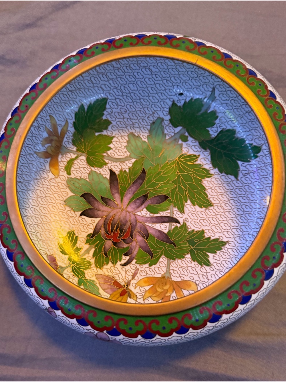 Vintage Chinese Cloisonne Enamel Floral Bowl 7” x 3” Brass Chrysanthemum Motif